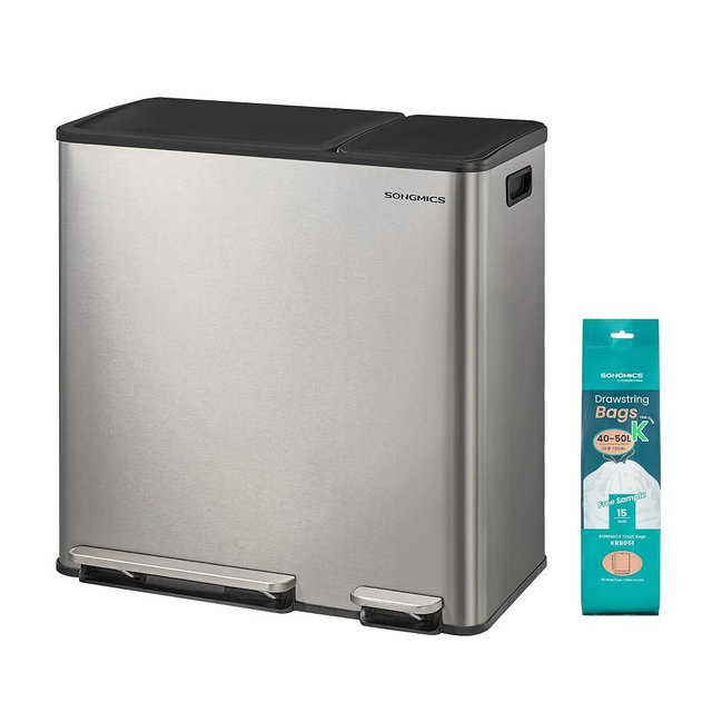 SONGMICS Kitchen Dual Trash Can, 13 + 5.3 Gallon (50 + 20 L) 2-Compartment Trash and Recycle Bin, Stainless Steel Garbage Can, Pedals, Soft-Close Lids, Inner Buckets, Silver ULTB770EZ01