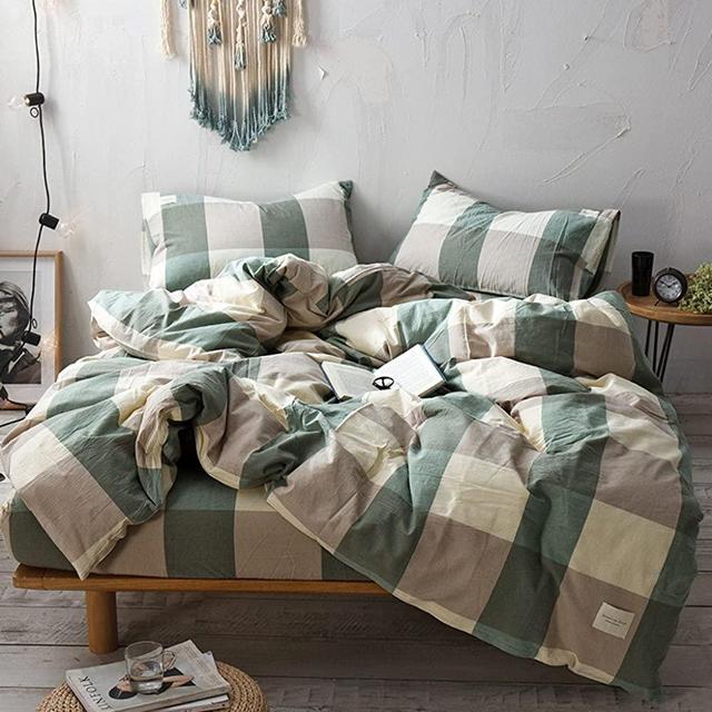 Haru Homie 3-Piece 100% Washed Cotton Duvet Cover Simple Style Bedding Set with Zipper Closure - Ultra Soft and Easy Care, (Queen, Green/Khaki Grid),No Comforter