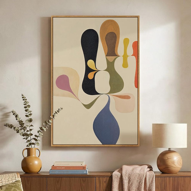 Framed Mid Century Modern Wall Art for Living Room, Colorful Abstract Geometric Canvas Paintings Prints Canvas Artwork for Walls, Vertical Contemporary Pictures Wall Decor for Bedroom Office, 24x36 In