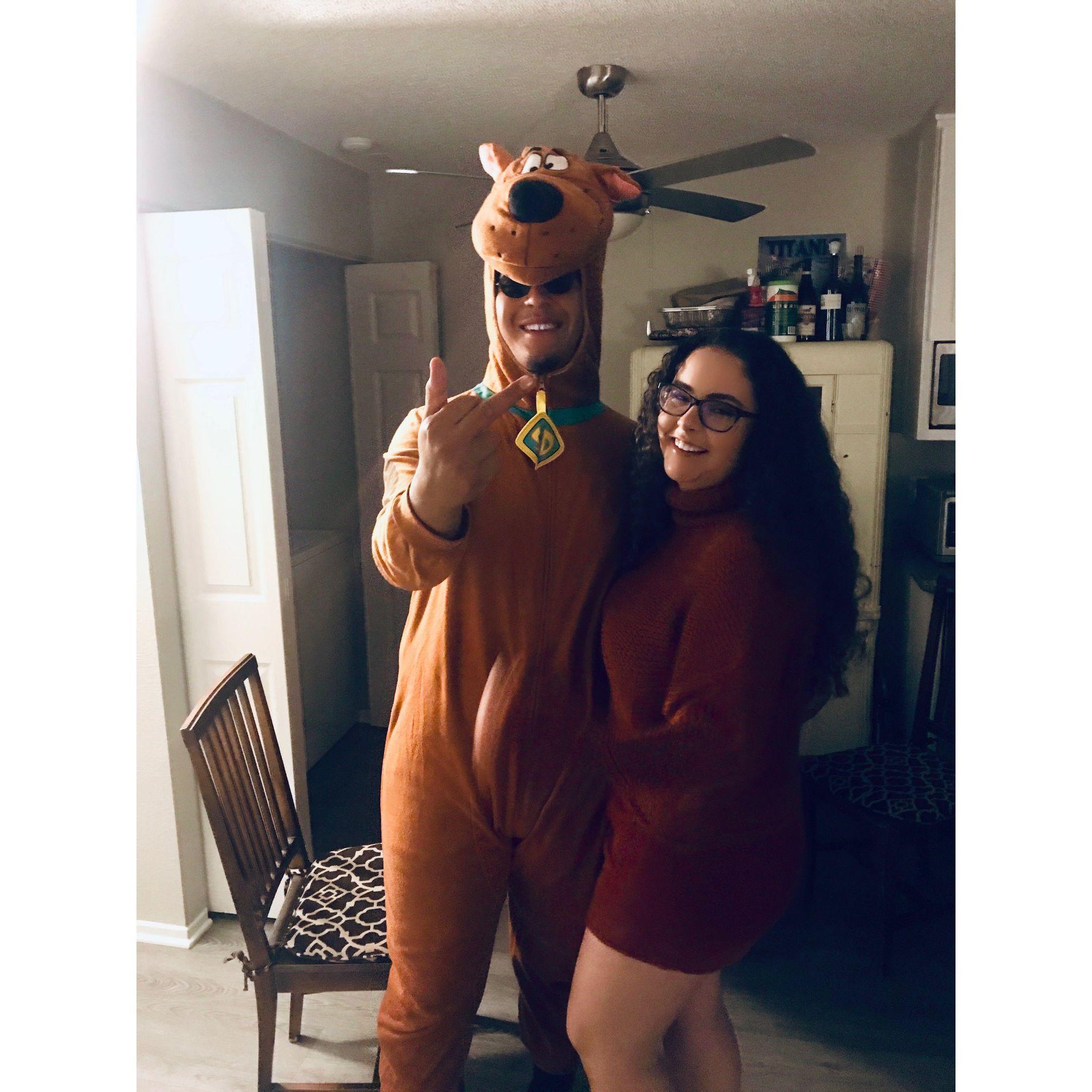 Nick and Jenna celebrating
 their first Halloween together as Scooby Doo and Velma
