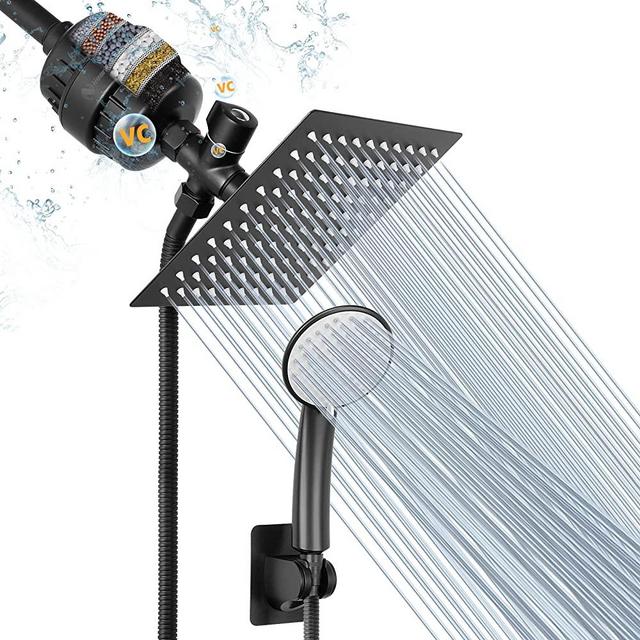 NearMoon Filtered Shower Head , High Pressure 8″Square Rain Shower Head and 5 settings Handheld Shower Filter Combo with Self-adhesive Holder/1.5M Hose -1 Replaceable Filter Cartridge (Matte Black)