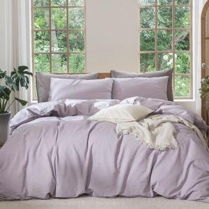 MooMee Duvet Cover Set 100% Washed Cotton Linen Like Textured Lightweight - Light Purple, Full Duvet Cover + 2 Standard Pillowcases