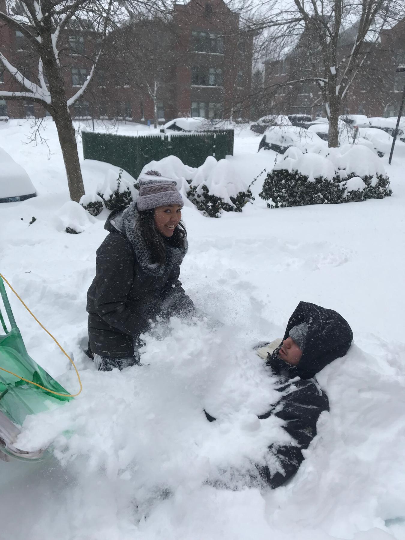 One of our favorite SMC memories - Senior year snow storm where we all spent all day being kids again. Andrew dragged Nicole all around campus on that sled.