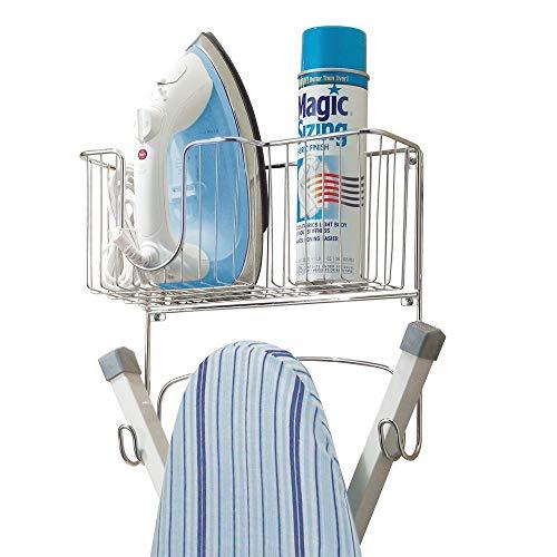 mDesign Metal Wall Mount Ironing Board Holder with Large Storage Basket - Holds Iron, Board, Spray Bottles, Starch, Fabric Refresher for Laundry Rooms - Chrome