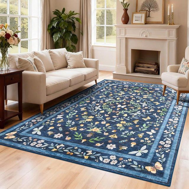 GarveeHome 5x7 Insect Butterfly Non Slip Area Rugs for Living Room Dining Room Bedroom Vintage Floral Machine Washable Soft Indoor Carpet Non-Shedding Stain Resistant Low Pile Rug, Blue