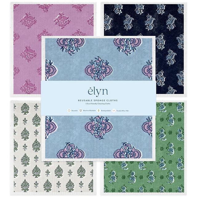 ELYN Swedish Dishcloths, Reusable & Washable Sponge Cloths, Absorbent Cleaning Paper Towels for Kitchen, Dishes, Counters and More, 5 Pack, Assorted Vintage Block Print Patterns
