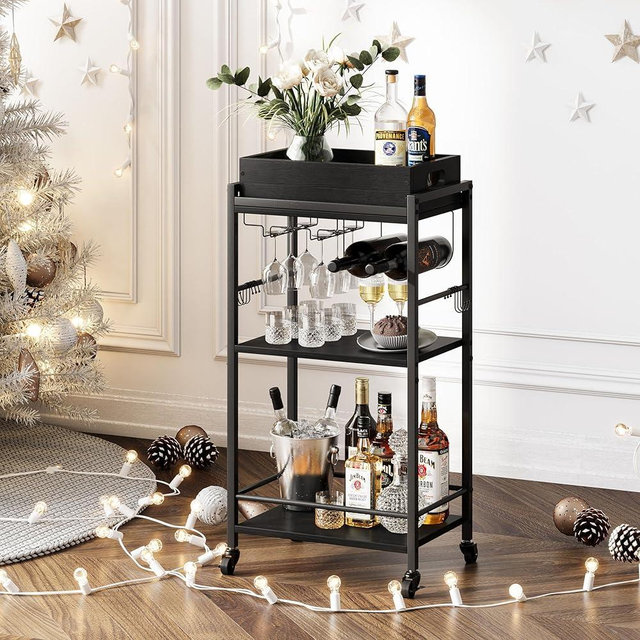 YAUKTAK 3-Tier Bar Cart with Removable Tray, Small Bar Carts with Wheels, Rolling Beverage Cart, Drink Cart, Black Wine Cart with Wine Rack for Kitchen, Living Room (Black) GBC513B
