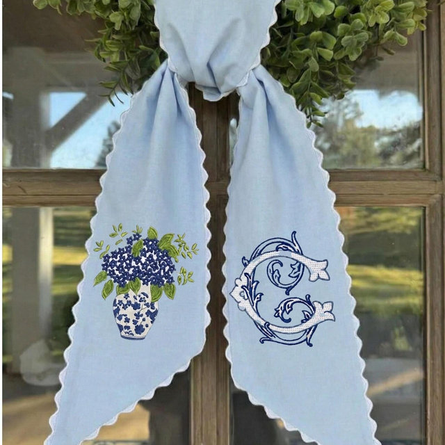 Wreath Sash Embroidery Hydrangea, Ribbon for Outdoor Wreath, Wreath Scarf Blue, Hydrangea Door Sash, Summer Wreath Scarf