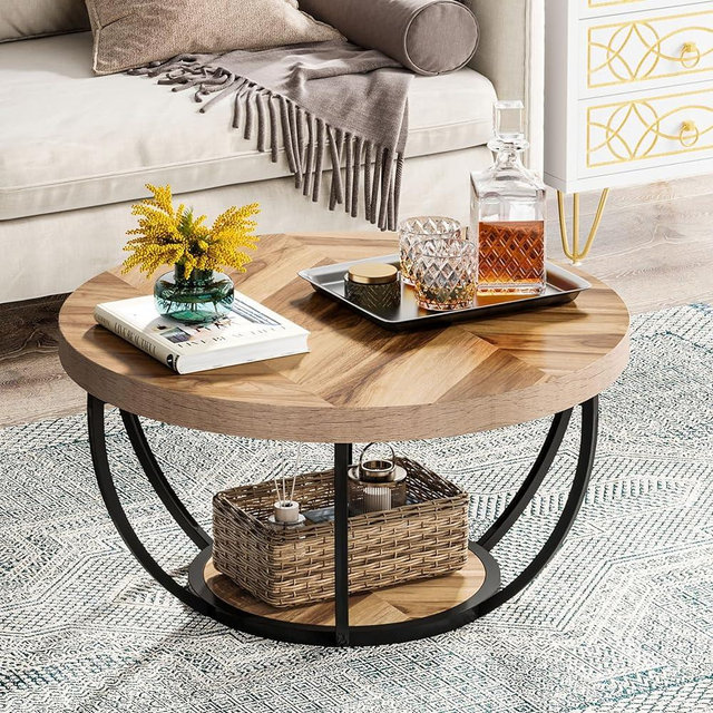 Tribesigns 31.7" Round Coffee Table, Industrial 2-Tier Circle Coffee Table with Storage Shelves, Modern Wooden Accent Center Table Sofa Side Table for Living Room, Home Office, Wooden Grain