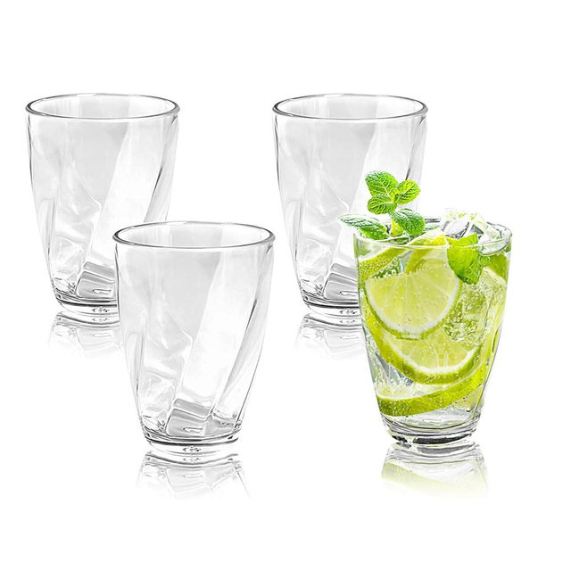 Goldmeet 4-Pack Acrylic Drinking Glasses, 12oz/350ml Water Tumblers Set, Clear Stackable Plastic Cups Water Cups with Striped Contour Design for Cold Drinks/Juice/Milk