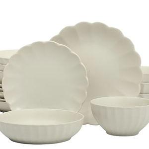 Gibson Elite Malibu Shore 16 Piece Scallop Stoneware Reactive Glaze (Service for 4) Ceramic Plates and Bowls Dinnerware Set - Cream White