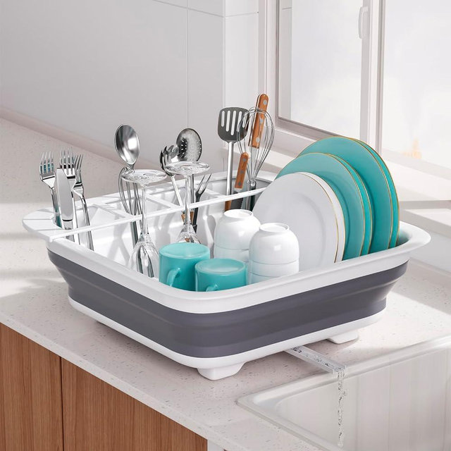 THANSTAR Collapsible Dish Drying Rack Portable Dinnerware Drainer Organizer for Kitchen RV Campers Travel Trailer Space Saving Kitchen Storage Tray