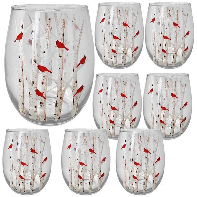 BANBERRY DESIGNS Cardinal Wine Glass - Set of 8 - Stemless Glasses - Cardinals Perched on White Birch Trees - All Occasion - Approximately 4 3/4" H