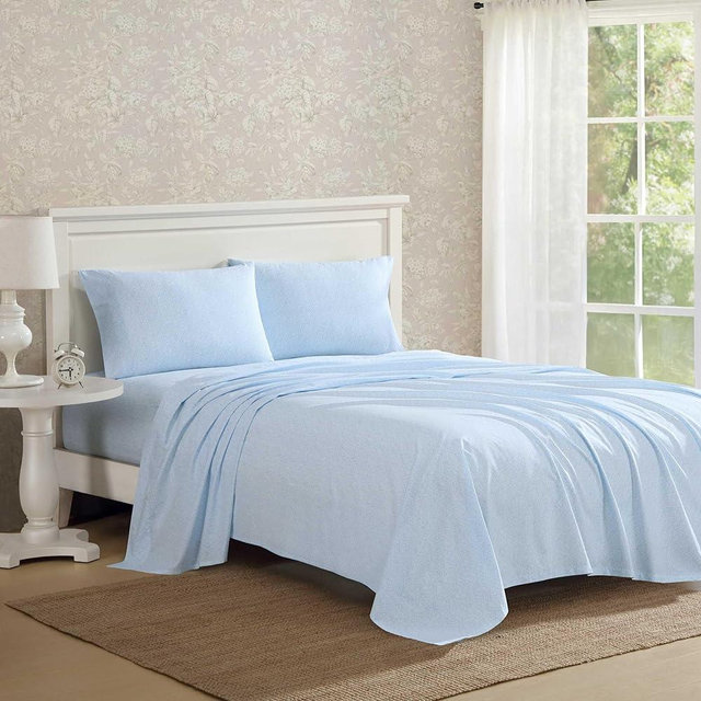 Laura Ashley - Queen Sheet Set, Crisp & Cool Cotton Percale Bedding with Deep Pockets, Lightweight for Year Round Comfort, Bed Sheets with Matching Pillowcases (Maeve Blue)