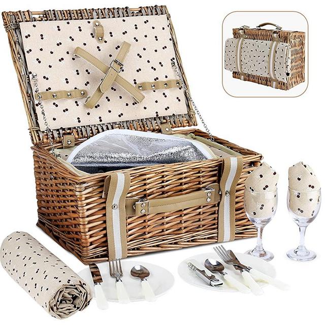 G GOOD GAIN Willow Picnic Basket Set for 2 Persons with Large Insulated Cooler Bag and Waterproof Picnic Blanket (2 Person)
