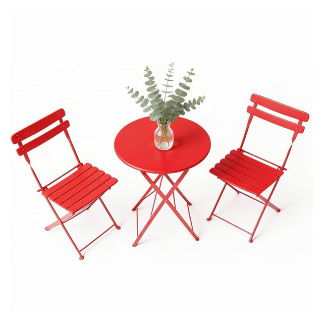 GustoWave 3-Piece Foldable Metal Bistro Set With Round Table, 2 Chairs - Red