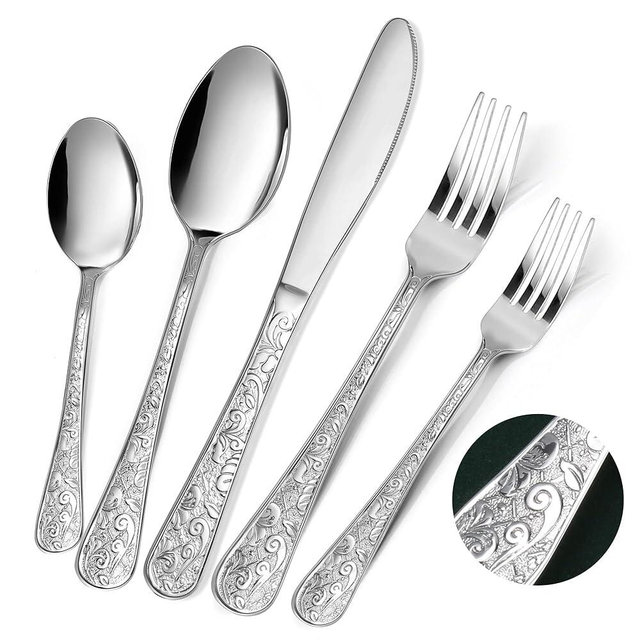 HENSENMEN Silverware Set, 30 Pieces Vintage Carved Flatware Set for 6, Stainless Steel Cutlery Set with Knife/Fork/Spoon,Utensil Set for Home and Kitchen, Dishwasher Safe (Silver)