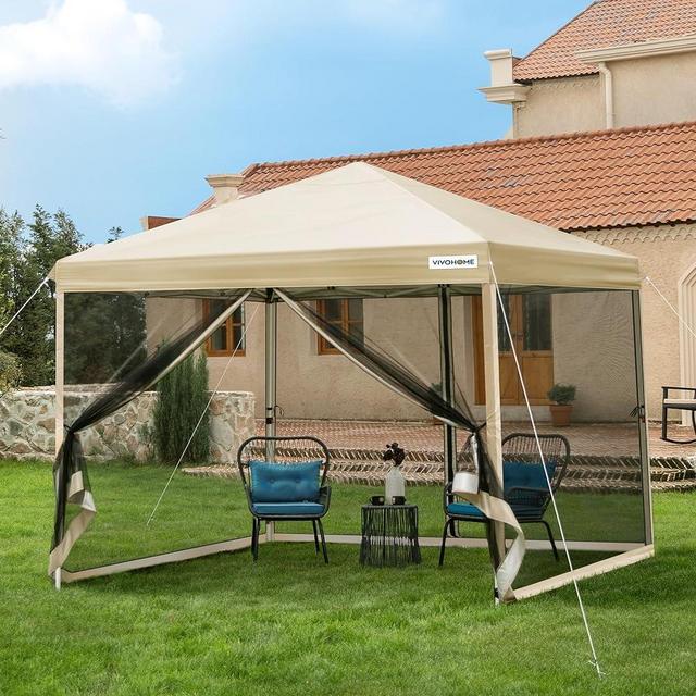 VIVOHOME 10x10ft Easy Pop-Up Screen Tent, Outdoor Canopy Tent with Mosquito Netting, 2 Zipper Doors, and Roller Bag for Yard Camping Picnic Party Events, Beige
