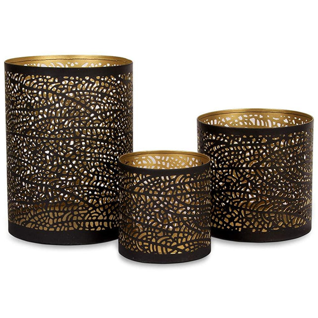 Lazy Gifts Set of 3 Black and Gold Metal Decorative Hurricane Votive Candle Holders . Elegant Lantern Style Centerpiece - Accents for Weddings Functions and Home décor Room