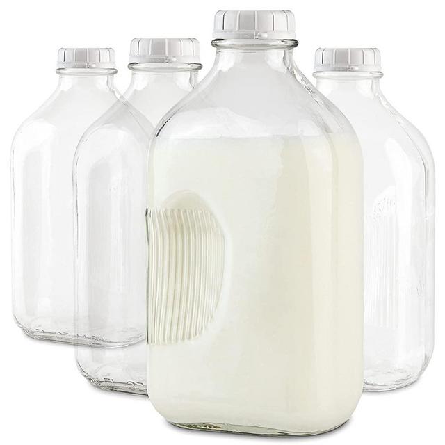 64- Oz Glass Milk Bottles with 8 White Caps (4 Count ) - Food Grade Glass Bottles - Dishwasher Safe - Bottles for Milk, Buttermilk, Honey, Tomato Sauce, Jam, Barbecue Sauce -Stock Your Home