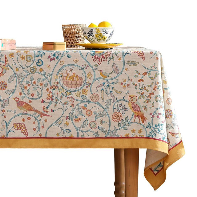 patdrea Designer Yellow French Spring Summer Tablecloth,Rustic Linen Floral Birds Pattern Table Cloth for Rectangle Tables,Decor Table Cover for Kitchen Dining Holiday Banquet,Christmas,55"*87"