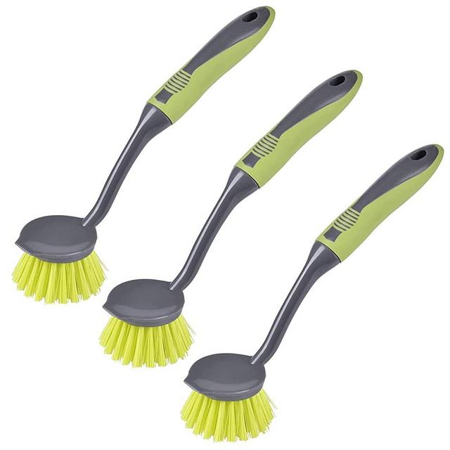 Scrub Brush for Cleaning Dish Brush Kitchen Bathroom Sink Pots-n-Pans Scaper Tip Stiff Bristles Comfortable Long Handle (3-Pack)