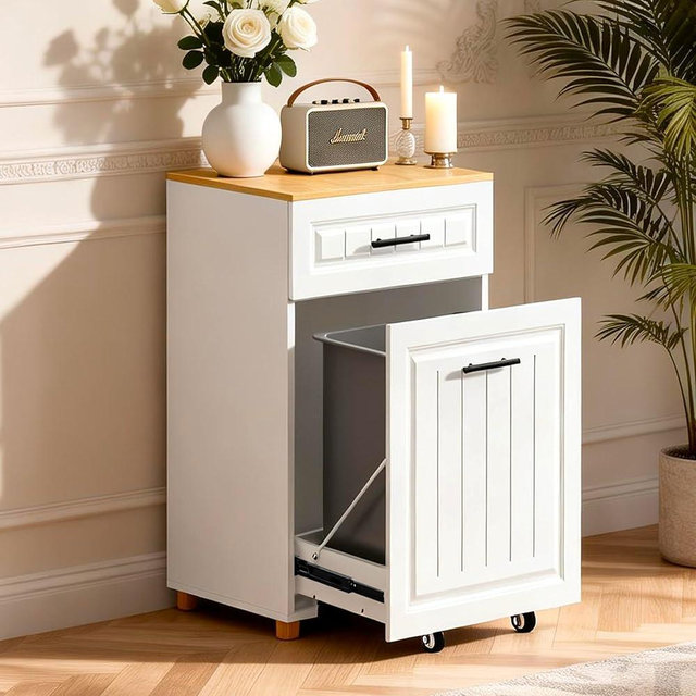 ZIFTY Pull Out Trash Can Cabinet for 13 Gallon Bin, Freestanding Kitchen Trash Bin Cabinet with Hideaway Drawer, Pet Proof Hidden Garbage Recycling Cabinet for Kitchen, Laundry, Living Room, White