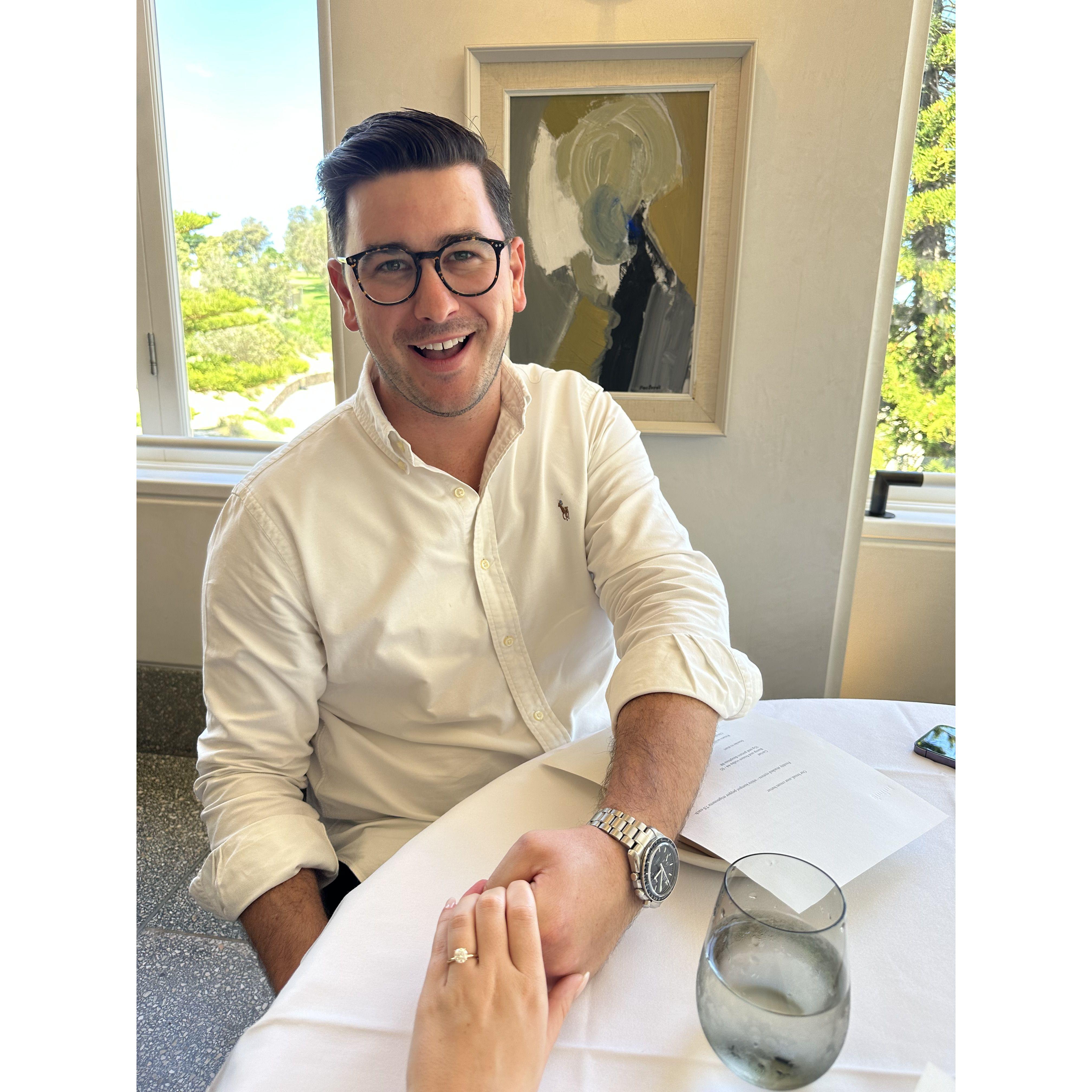 Celebrating at a special lunch right after Tom popped the question x