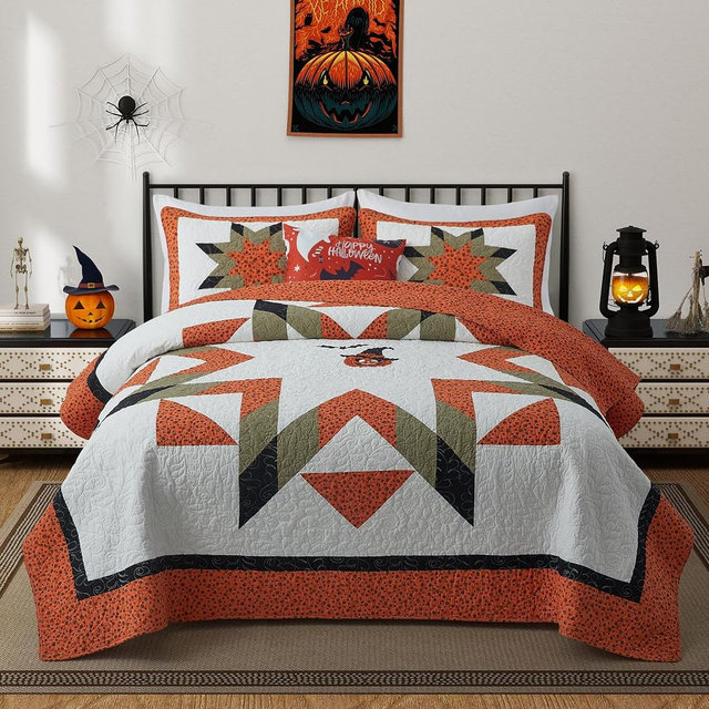 NELIFDER Halloween Quilt King Size Bedding Set 100% Cotton Embroidery Bats Pumpkin Festival Pattern Bedspread Real Patchwork Star 3 Peice Coverlet with 2 Pillow Shams 106"x96"