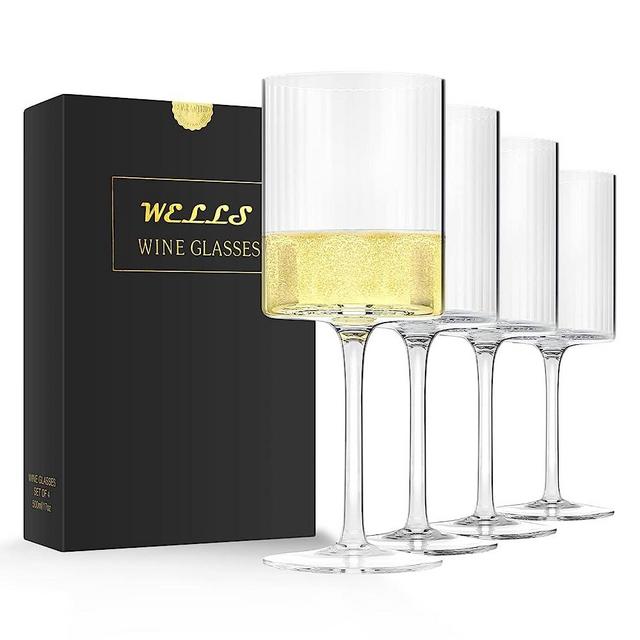 Large Ribbed Square Wine Glasses Set of 4 Crystal,17oz Clear Cylinder Wine Glassware Flat Bottom,Hand Blown White Red Wine Glass with Long Stem,Copas de Vino,Modern Unique Gift for Women,Wedding,Party