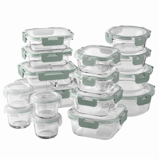 Cook With Color 32pc Glass Food Storage Container Set Sage: Borosilicate Glass, Freezer & Dishwasher Safe, Lids Included