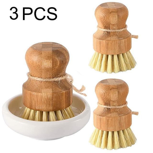 Bamboo Dish Scrub Brushes by Subekyu, Kitchen Wooden Cleaning Scrubbers Set for Washing Cast Iron Pan/Pot, Natural Sisal Bristles, Set of 3