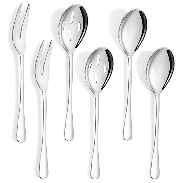 Bonasen 10.0 inch Large Serving set, 2 Large Serving Spoons, 2 Slotted Serving Spoons, 2 Serving Forks,6 Pieces Stainless Steel Party Serving Spoons Forks Set,Buffet Serving Spoon- Dishwasher Safe