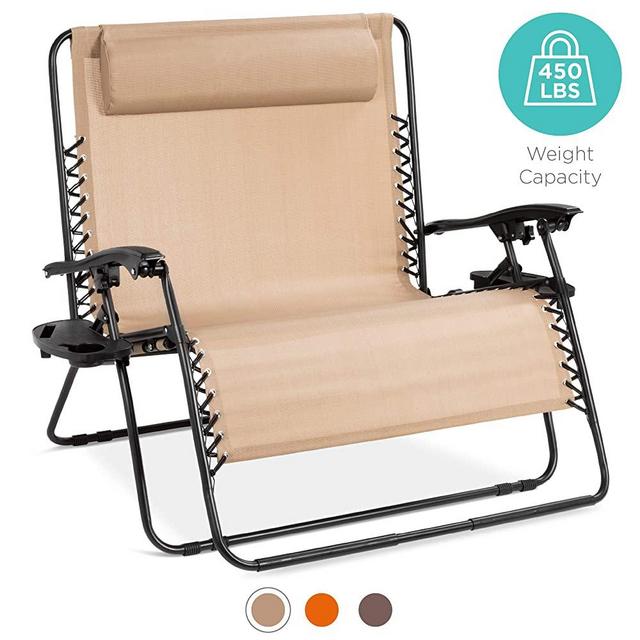 Best Choice Products 2-Person Double Wide Outdoor Folding Zero Gravity Chair Patio Lounger w/Cup Holders -Beige