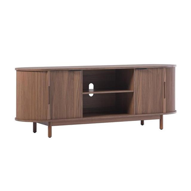 Walker Edison Modern Curved Reeded TV Stand for TVs up to 65 Inches, Credenza with Sliding Doors and Adjustable Shelves, TV Stand with Cord Management Cutout, 60 Inch, Mocha