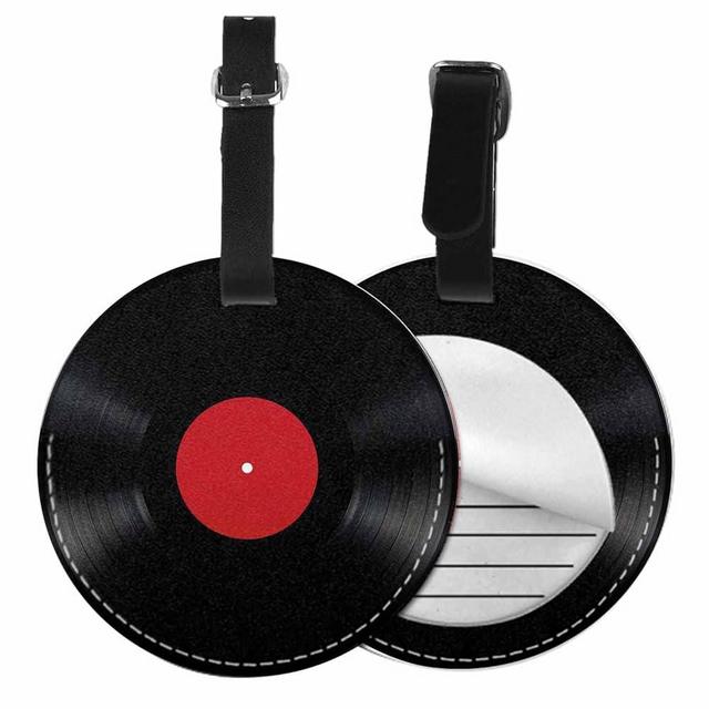 TKS MITLAN 1 Pack Record PU Leather Travel Cruise Luggage Tag Black Album Disc Label Vintage Music Baggage Bag Backpack Instrument with Privacy Flap Name ID Label for Women Men Girls Suitcase(Round)