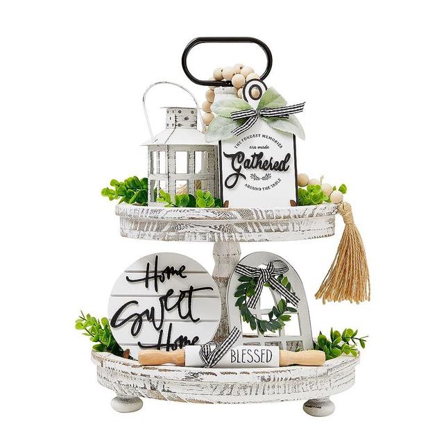 Houmury Set of 16 Farmhouse Tiered Tray Decor with 1 Lantern Artificial Plant& Cutting Board Sign for Rustic Home Sweet Home Kitchen Decor Tier Tray Decor Set