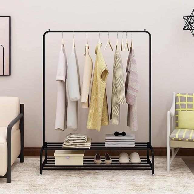 BOFENG Garment Rack Industrial Free-Standing Clothes Rack with Top Rod and 2 Tier Lower Storage Shelf - Black