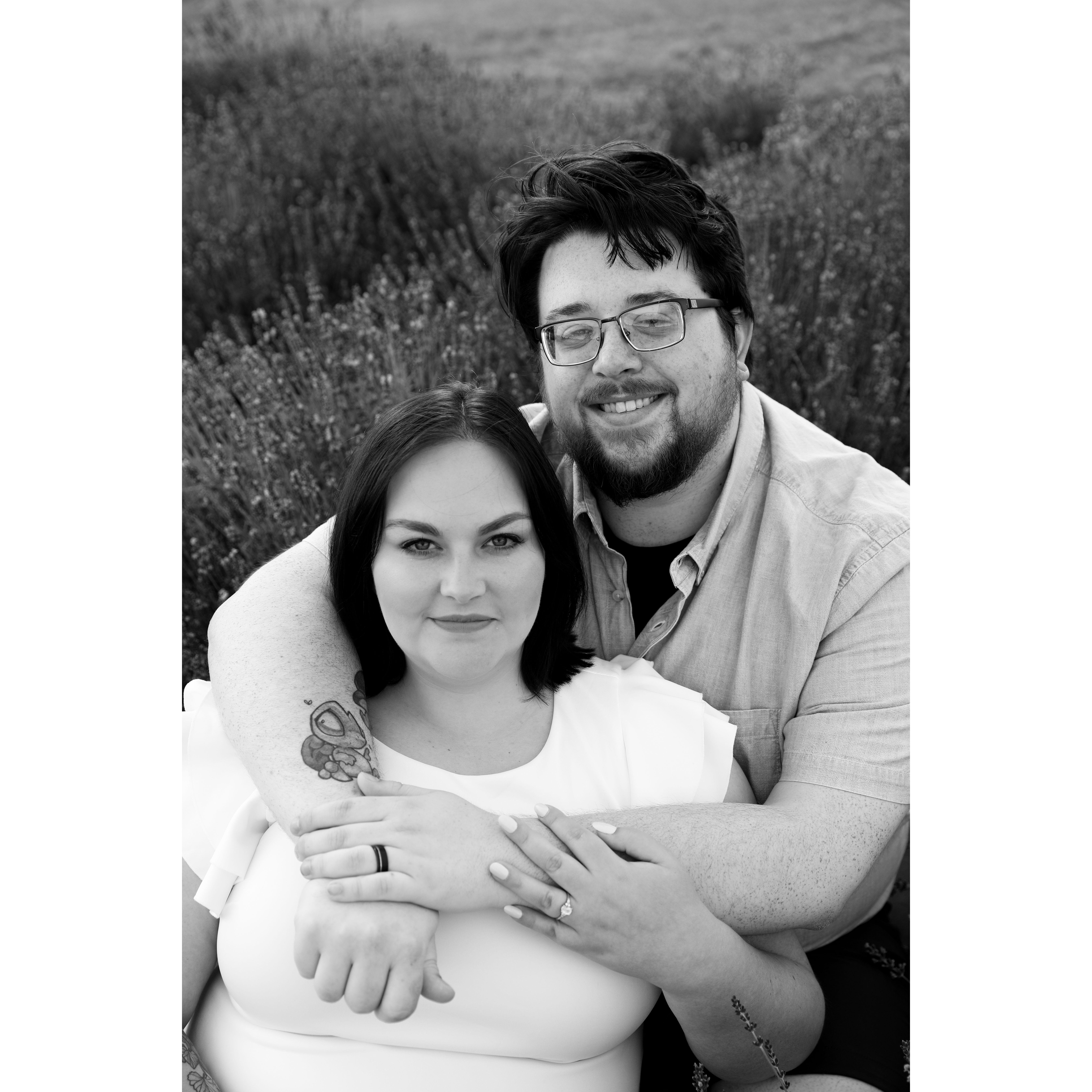 Engagement photoshoot at Sunset Ridge Lavender Farms. Photographer was Bloom Photography, LLC