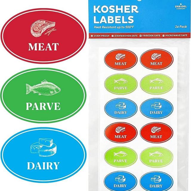 24 Assorted Kosher Labels, 8 Blue Dairy, 8 Red Meat, 8 Green Parve Stickers, Oven Proof up to 500°, Freezable, Microwavable, Dishwasher Safe, English, Color Coded Kosher Kitchen Tools (24-Pack)