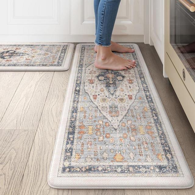 Collive Boho Floor Mats 2 PCS, Cushioned Anti-Fatigue Non-Skid Waterproof Under Sink Mat, Blue/Multi Comfort Standing Desk Mat for Office, Home & Kitchen, 17"x30"+17"x47"