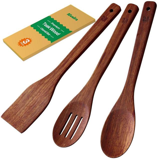 Riveira Teak Wooden Spoons for Cooking Set of 3 – Natural Teak Wooden Cooking Utensils, Wooden Spatula, Wooden Spoon - Premium Quality Wooden Utensil Set for Non-Toxic Cooking