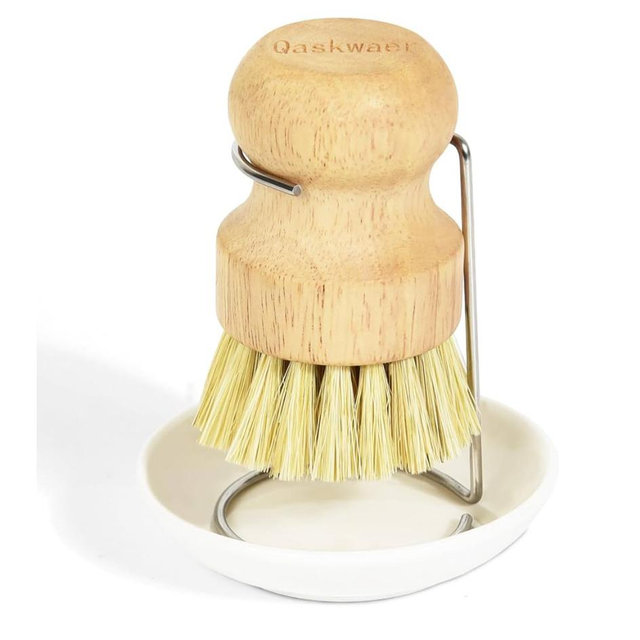 Wooden Dish Brushes, Dish Dishwashing Brush for Cleaning Dishes, Kitchen Wooden Cleaning Dsihes Set with Draining Rack, Natural Sisal Bristles, 1 Set