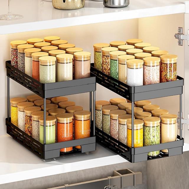 Pull Out Spice Rack Organizer for Cabinet, 2 Pack Widen Slide Out Spice Racks Organizer, Easy to Install Durable Spice Cabinet Organizers, 6.4''Wx10.4''Dx8''H, Each Tier Hold 15 Spice Jars - 2 Tier