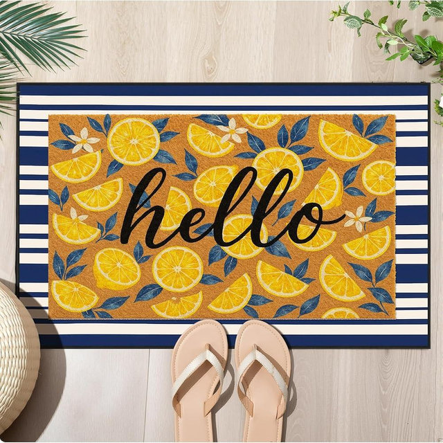 Timgle 2 Pcs Lemons Doormat Set 18" x 30" Hello Lemon Outdoor Rug and 24" x 35" Navy White Striped Area Rug Italian Non-Slip Welcome Front Door Mat for Summer Indoor Outdoor Porch Entryway Decor