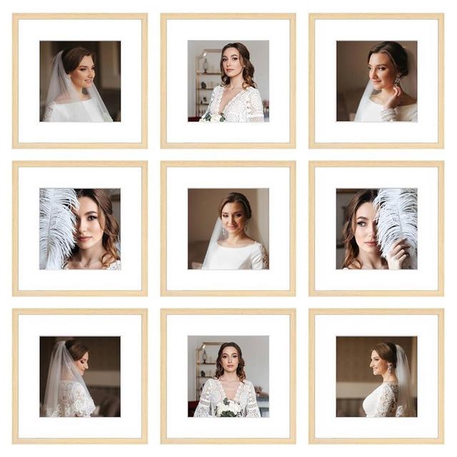 BSRHOME 12x12 Picture Frame Set of 9, Display Pictures 8x8 with Mat or 12x12 without Mat, Multi Collage Gallery Square Photo Frames for Wall or Tabletop, Natural Wood