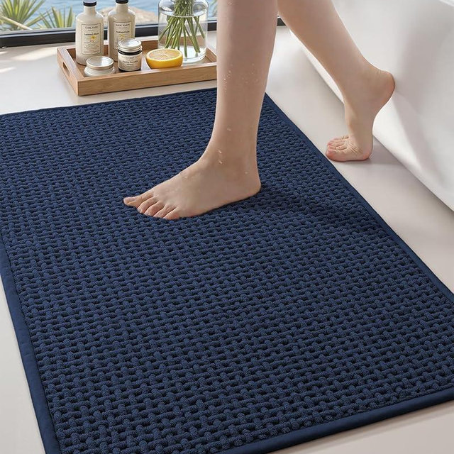Color&Geometry Rubber Backed Waffle Bath Mat 30x17, Non Slip Water Washable Bathroom Rugs, Soft Absorbent Chenille Boho Carpet for Bathroom Floor, Tub and Shower, Dark Blue