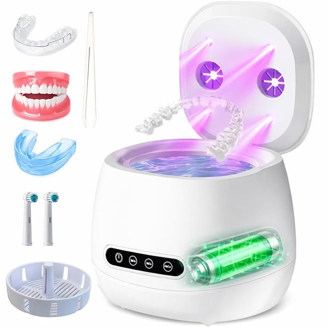 Ultrasonic Retainer Cleaner Machine, 45kHz Rechargeable Retainer Cleaner with 4 UV Lights, 200ML,Ultrasonic Cleaner for Retainers, Aligners, Mouth Guards, Night Guards & Dentures