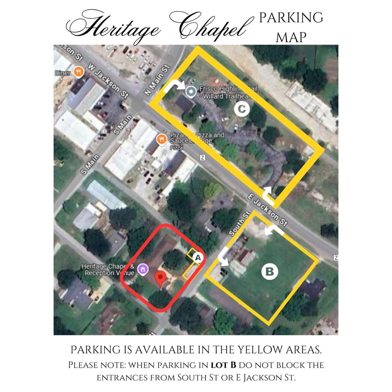 Parking for the Chapple:
Wedding Party-Red
Guest-Yellow