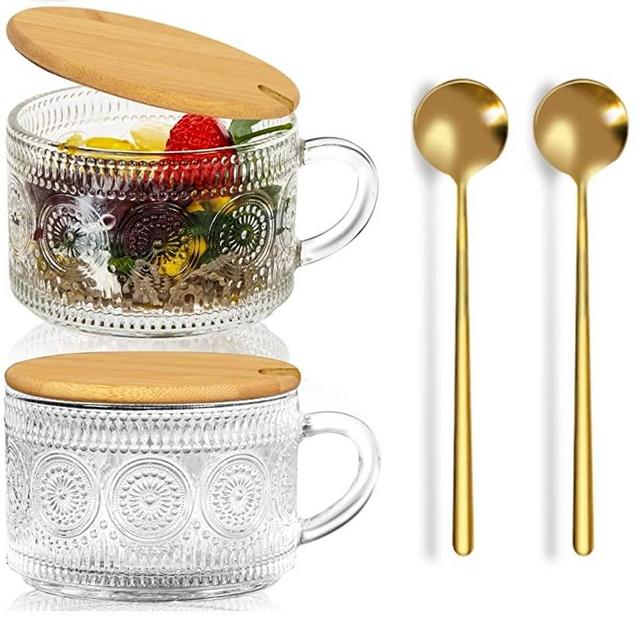 Amzcku Vintage Glass Coffee Mug, Overnight Oats Containers with Bamboo Lid and Spoon 14 Oz Set of 2 Embossed Glassware with Handle, for Cappuccino, Latte, Tea, Cereal, Yogurt, Beverage Hot/Cold, Milk…